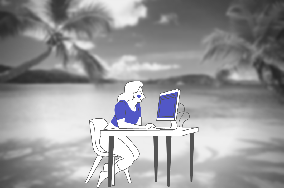 Woman working on her computer with a beach background